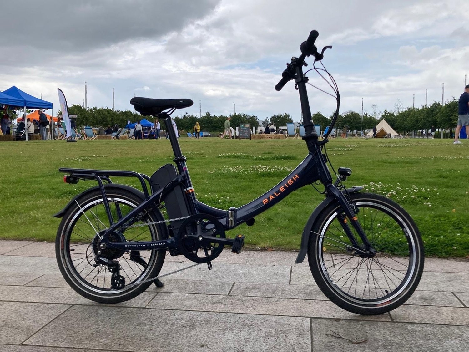 A Raleigh Stow-E-Away folding electric bike with a low frame
