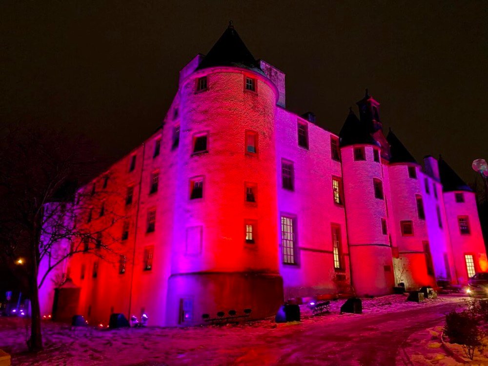 Dudhope Castle illuminated pink by Dundee by Light