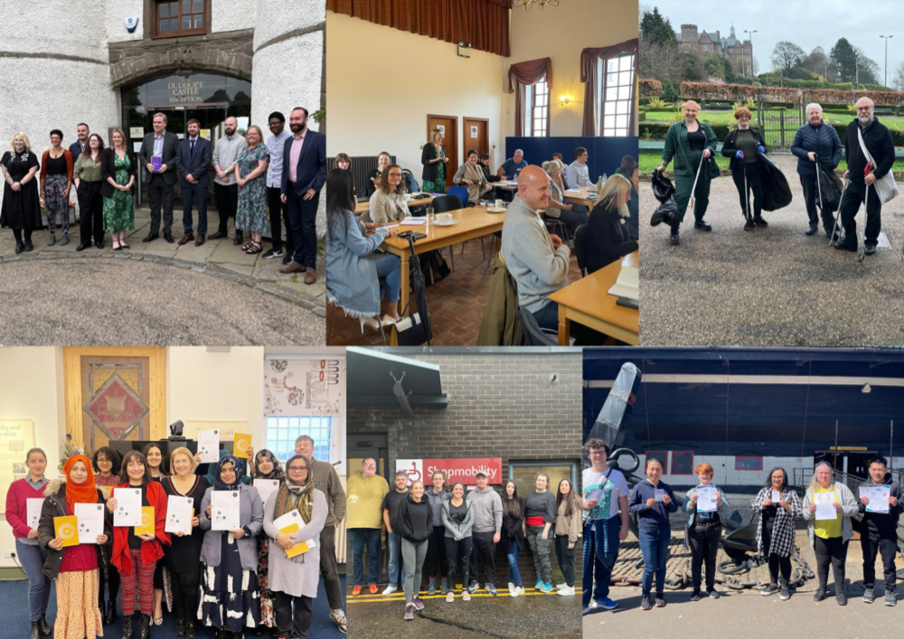 A collage of photos taken by The Circle throughout 2023. The photos are of: 1. The Circle team with Tom Arthur MSP 2. Social entrepreneurs attending a Social Enterprise Essentials session at The Circle 3. A group of Circle volunteers taking part in a litter pick 4. Successful participants of our budgeting and spreadsheets programme 5. Circle volunteers standing outside our new Mobility project hub 6. Circle volunteers visiting the HMS Unicorn