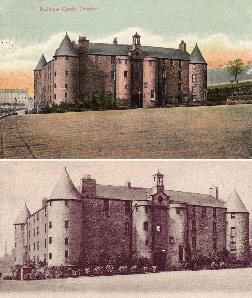 Older images showing how Dudhope Castle looked in the past as army barracks and a woolen mill.
