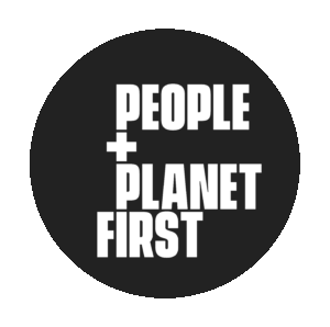 people and planet first logo - a black circle with white text that says "people + planet first" on it