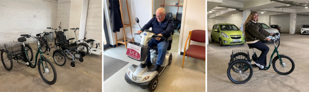 3 photos - of 4 bikes from The Circle Mobility, one of our members trying out a mobility scooter from the service and a work placement for The Circle testing out a bike from the service